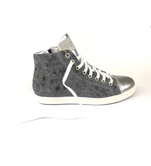 Handmade sneakers silver leather , grey fabric.